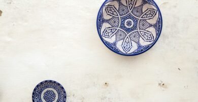 two white-and-blue ceramic dinnerware